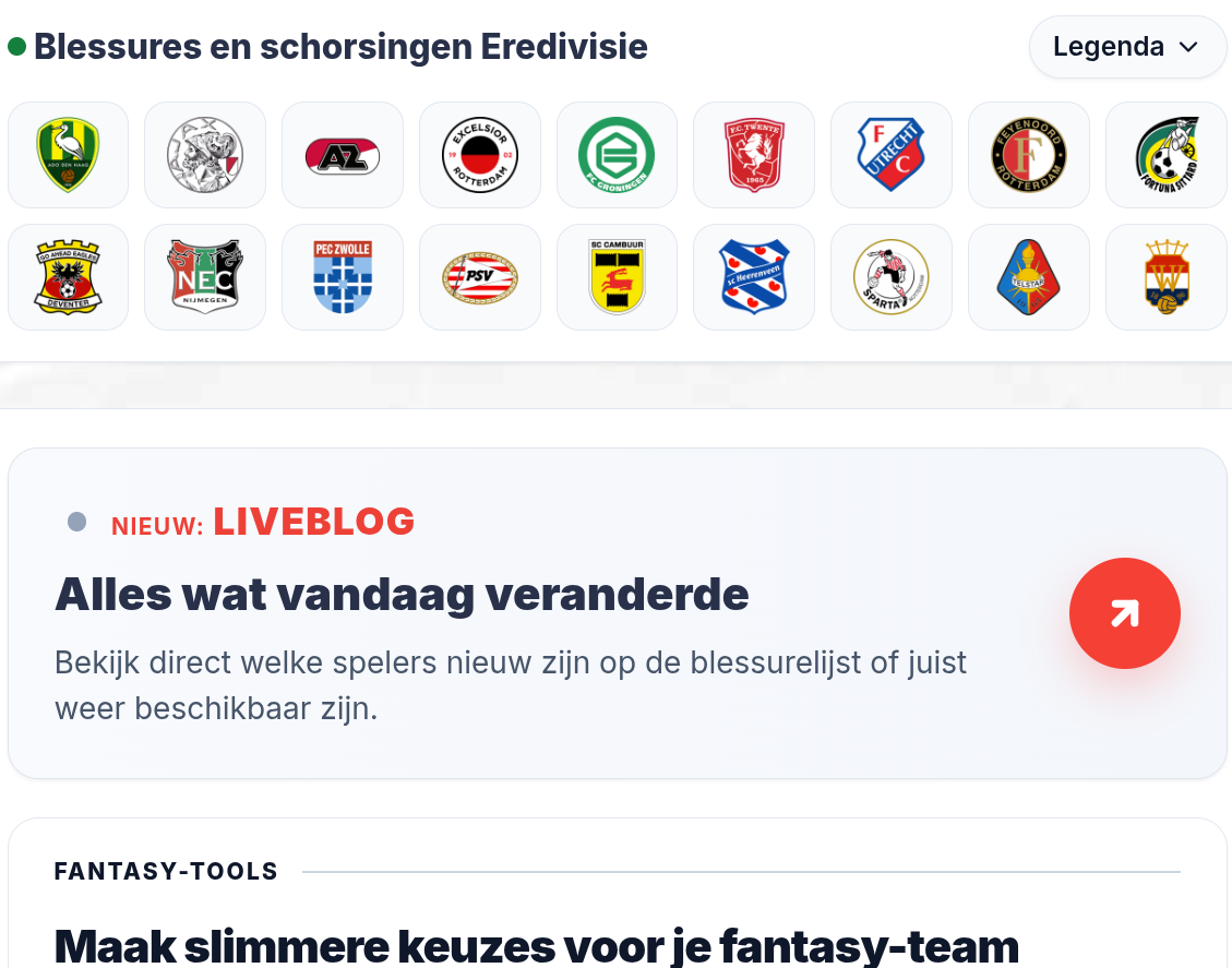 Blessures en Schorsingen eredivisie